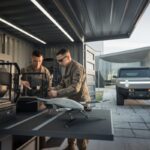 Techniciens assemblant un drone imprimé en 3D dans un atelier mobile