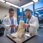 Deux chercheurs examinent un implant de genou imprimé en 3D