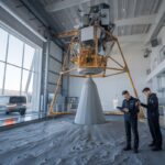 Des ingénieurs surveillent une imprimante 3D simulant la construction lunaire