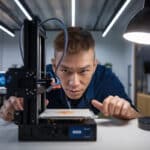 Un maker surveille une imprimante 3D pilotée par G-code IA
