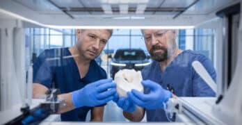 Un implant osseux 3D examiné par deux professionnels en laboratoire