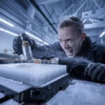 Technicien refroidissant une pièce près d’une imprimante 3D, givre visible