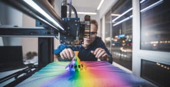 Un designer observe une impression 3D couleur en atelier contemporain