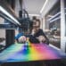 Un designer observe une impression 3D couleur en atelier contemporain