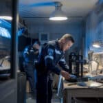 Des policiers examinent une imprimante 3D lors d’une saisie nocturne