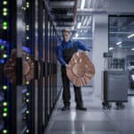 Un technicien en data center examine une plaque de cuivre imprimée en 3D